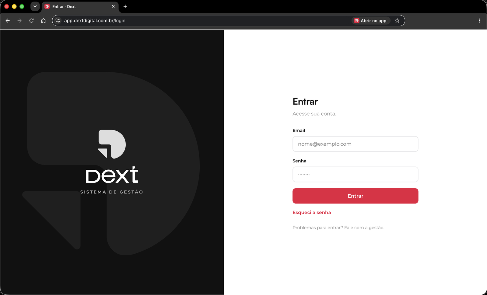 Dext Sistema aberto no navegador